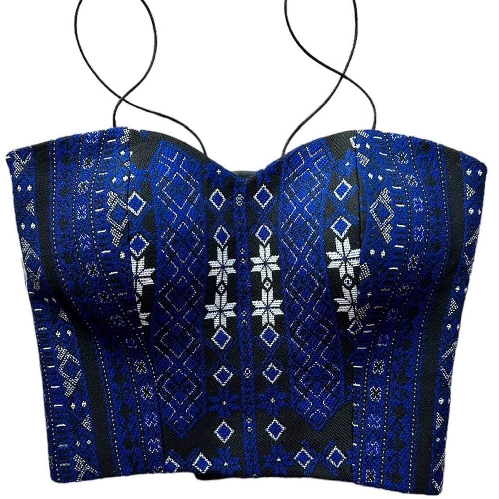 Navy Blue silver Crop top free size Corset Vintage Tapestry